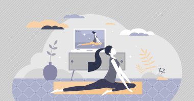 Uzaktan eğitmenle çevrimiçi yoga egzersizi küçük insan konsepti.