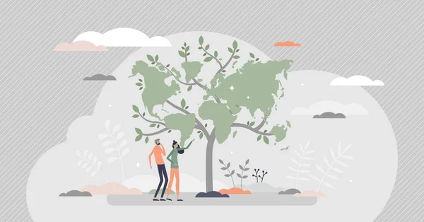 Árvore de sustentabilidade como bio ecológico verde mundo mapa conceito de pessoa minúscula — Vetor de Stock