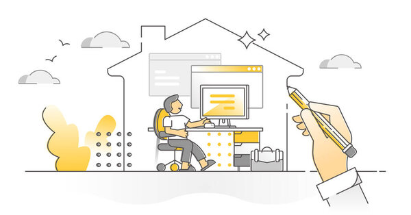 Работа из дома с дистанционной концепцией одноцветного наброска на рабочем месте