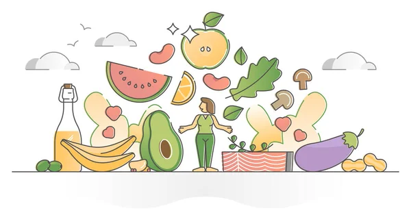 Hälsosam kost livsstil med färska ekologiska livsmedelsingredienser skissera begreppet — Stock vektor