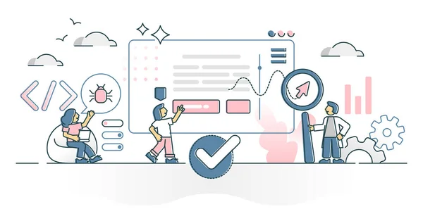 Pruebas web como errores del sitio web y errores de codificación concepto de esquema de proceso de búsqueda — Archivo Imágenes Vectoriales