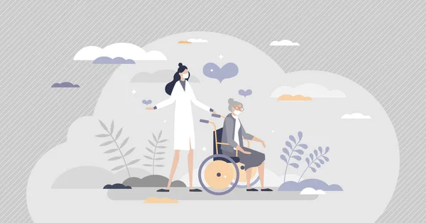 Yaşlı bakımı sağlık desteği için küçük insan konsepti olarak kullanılıyor — Stok Vektör
