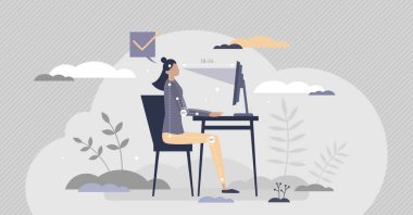 Doğru ve sağlıklı oturma duruşu için ofis ergonomisi küçük insan konsepti