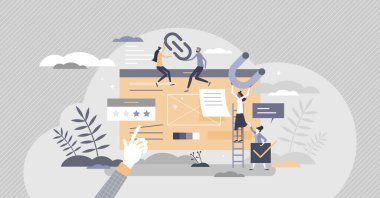 Web sitesi içeriği optimizasyonu olarak bağlantı kurma küçük kişi konsepti