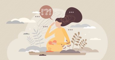 Hamile kadın anksiyetesi ve yeni doğmuş bebek için kaygısı küçük insan konsepti