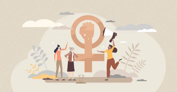 平等と正義のための女性の権利活動家小さな人の概念 — ストックベクタ