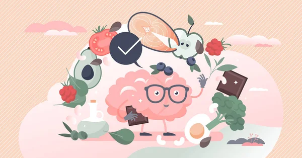 Cerveau superaliments comme produits nutritionnels pour améliorer la mémoire concept de personne minuscule — Image vectorielle