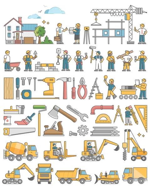 Construction set tools, instruments and equipment collection outline concept — Stockvector