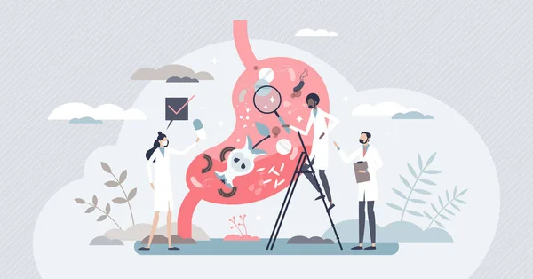 Gastroenterología como trastorno del sistema digestivo diagnóstico concepto de persona diminuta — Archivo Imágenes Vectoriales
