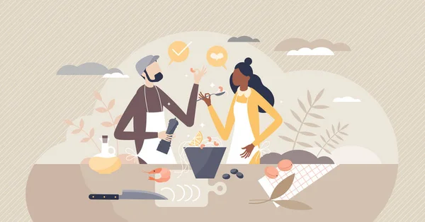 Couple préparer les repas ensemble comme processus culinaire cuisinier concept minuscule personne — Image vectorielle