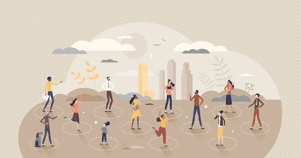 Social distancing to prevent covid-19 virus transmission tiny person concept