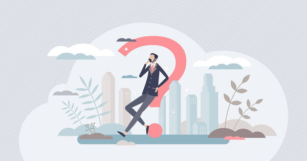 Uncertainty and doubt in business questions or decisions tiny person concept