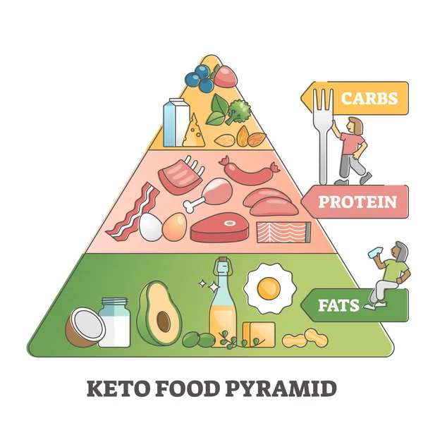 Paleo diyet ürünleri diyagramıyla Keto gıda piramidi ana hatları konsepti — Stok Vektör