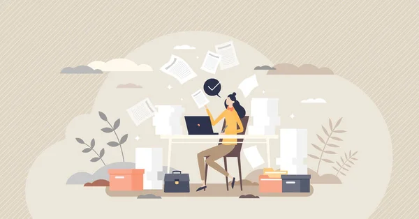 Travail occupé femelle avec la paperasse de l'entreprise pile dans le bureau concept de personne minuscule — Image vectorielle