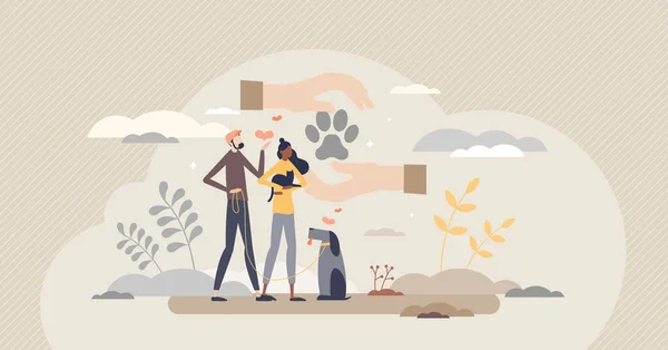 收养宠物作为无家可归的狗或猫的庇护所的家小的人概念 — 图库矢量图片