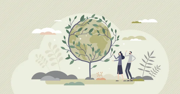 Salvar árvores e proteção florestal para o futuro sustentável conceito de pessoa minúscula — Vetor de Stock