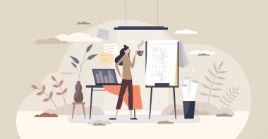 Mimar kadın ev projesinin taslağı. Çalışmaları küçük insan konsepti.