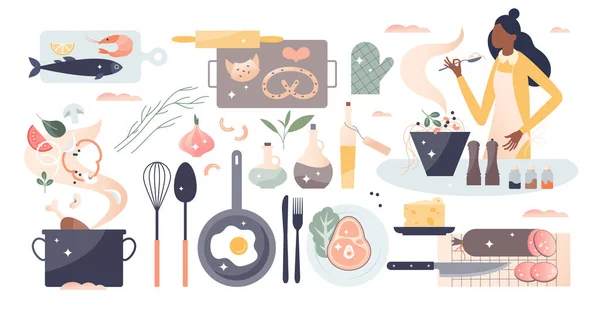 Conjunto de cozinha como cozinha doméstica itens de preparação de alimentos conceito de pessoa minúscula — Vetor de Stock