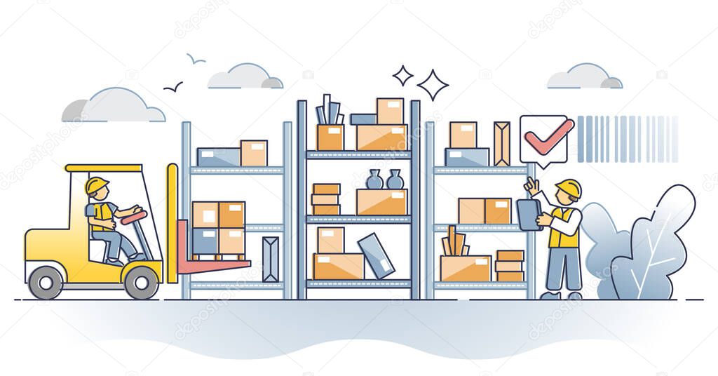 Inventory stock and warehouse shelves for product storage outline concept