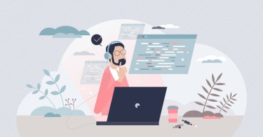 Coder geek script typing expert for software development tiny person concept. IT professional as application and code programming specialist vector illustration. Cyberspace skills with html language. clipart svg vector 