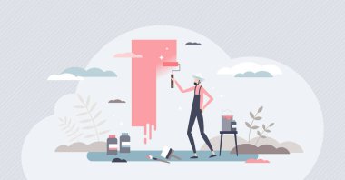 Ev yenileme ve iç dekorasyon. DIY duvar boyası küçük insan konsepti.