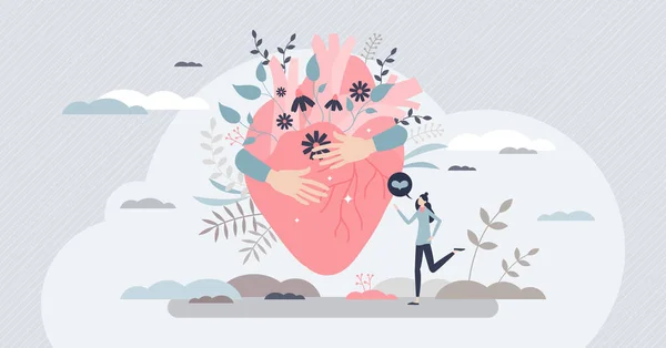 Amour de soi avec étreinte de coeur que les soins de santé mentale et estime concept personne minuscule — Image vectorielle