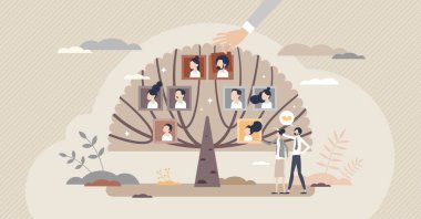 Üretim bağlantısı ve kökeni olan aile ağacı. Küçük insan konsepti.
