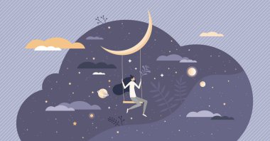 Tatlı gece rüyaları ile uyku zamanı rahatla küçük insan konsepti