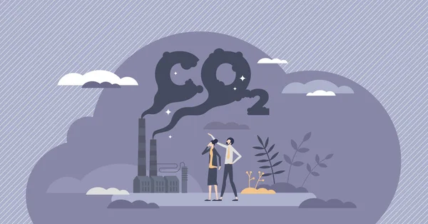 Emissões de CO2 como perigoso dióxido de carbono conceito de pessoa minúscula poluição do ar — Vetor de Stock
