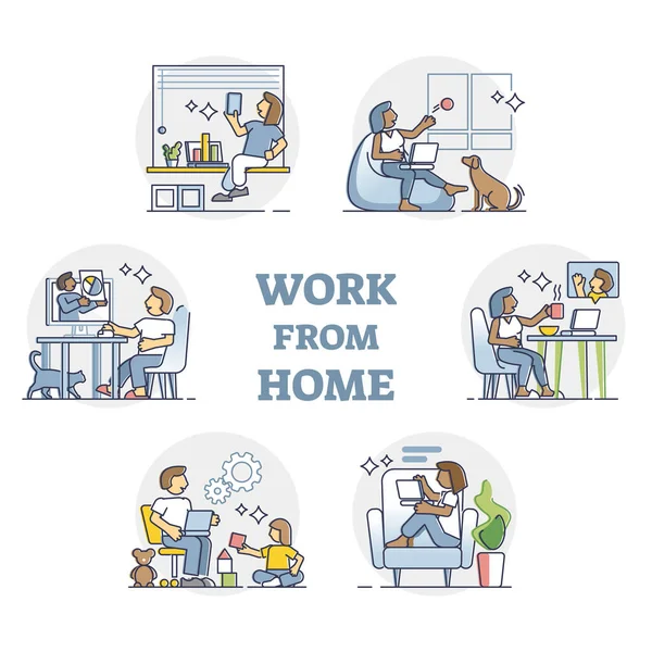 Εργασία από το σπίτι και απομακρυσμένη θέση εργασίας αντί του γραφείου σύνολο περίγραμμα στο χώρο εργασίας — Διανυσματικό Αρχείο