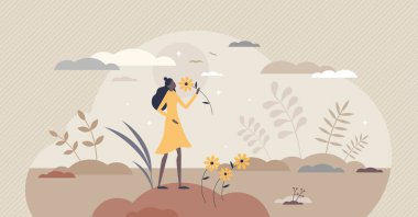 Koku, hijyen ve aromaterapi için çiçek kokusu küçük insanlar konsepti