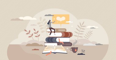 Kitap ve edebiyat tutkusu ya da eğitim okumak küçük insan konsepti