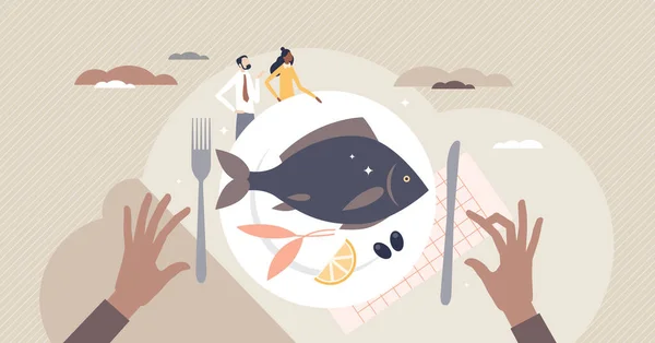 Pescado comida restaurante y mariscos cocina producto menú diminuto persona concepto — Archivo Imágenes Vectoriales