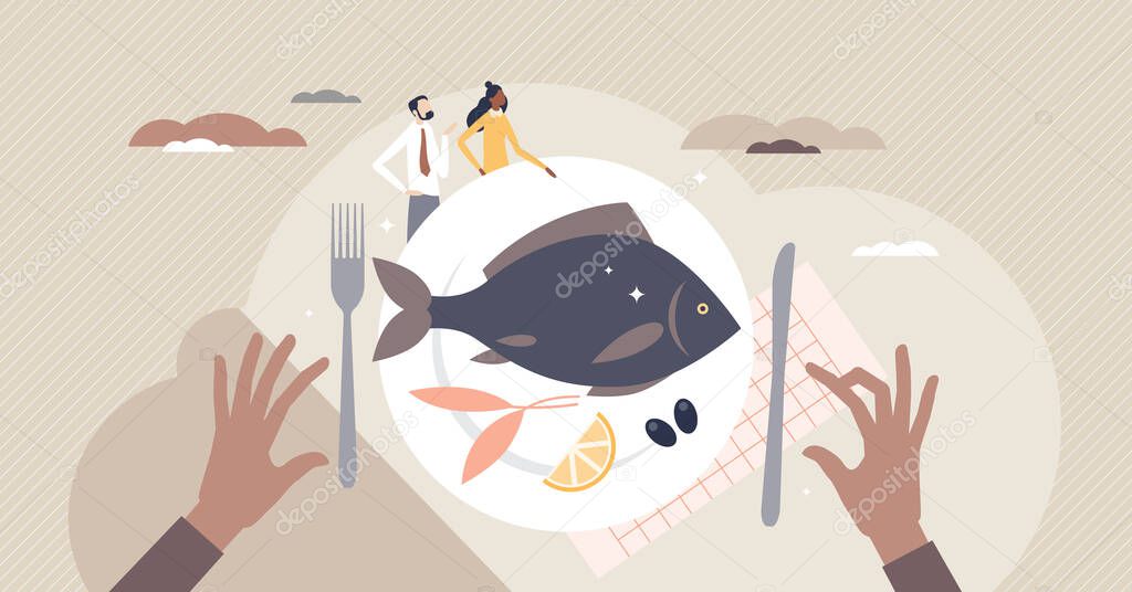 Fish food restaurant and seafood kitchen product menu tiny person concept
