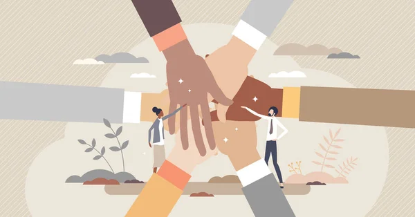 Les gens de la communauté se tiennent la main comme unité sociale concept minuscule personne — Image vectorielle