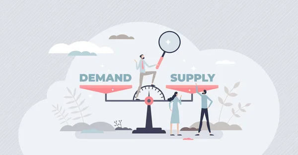 Balance de l'offre de demande pour la gestion de la vente sur le marché concept de personne minuscule — Image vectorielle