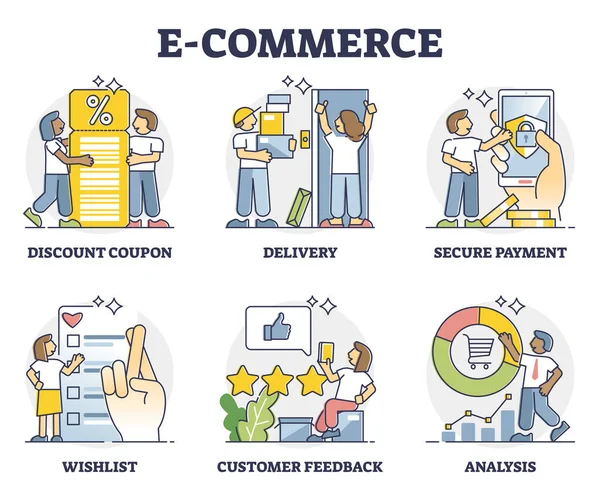 E-commerce éléments d'affaires avec des éléments boutique en ligne aperçu collection — Image vectorielle