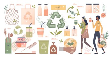 Sıfır atık ya da organik, doğa dostu yaşam biçimi minicik insan konsepti