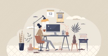 Ev işyeri ve çalışma odasındaki uzak ofis küçük insan konsepti.