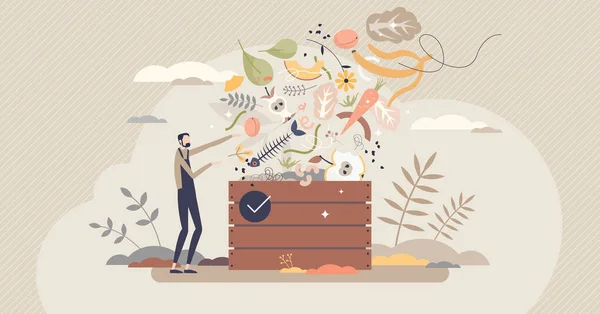 Composting organic food leftovers to fertilize new soil tiny person concept — Stock Illustration Composting organic food leftovers to fertilize new soil tiny person concept Royalty Free Stock Illustrations