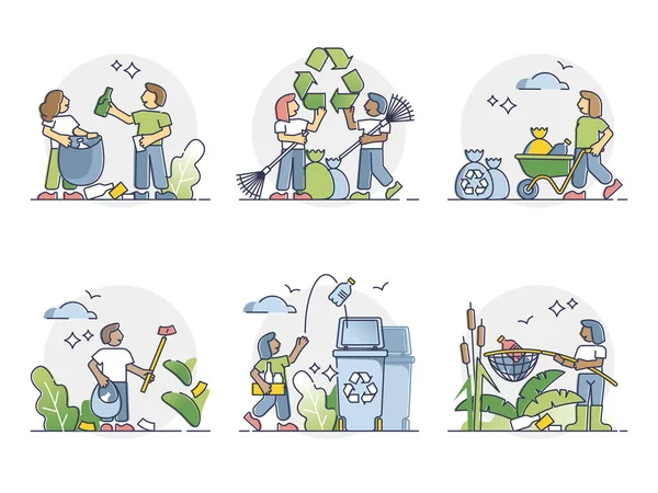 Volunteering for cleaner world with plastic garbage recycling outline concept — 스톡 벡터