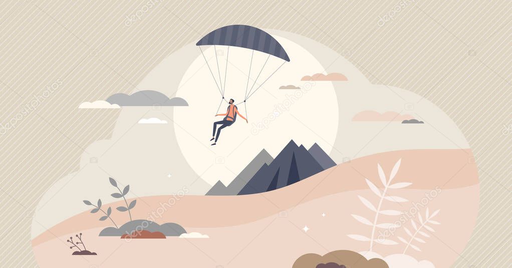 Paragliding sport with pilot flying in sky with glider tiny person concept
