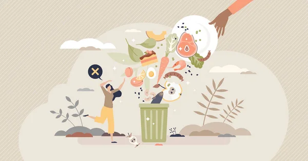 Food waste and meal leftovers garbage reduce awareness tiny person concept — Stock Illustration Food waste and meal leftovers garbage reduce awareness tiny person concept Royalty Free Stock Illustrations