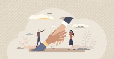 Support and help with advice or solution in job trouble tiny person concept