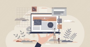 E-ticaret ve çevrimiçi mağaza düzeni kurmak küçük insan konsepti planlamak