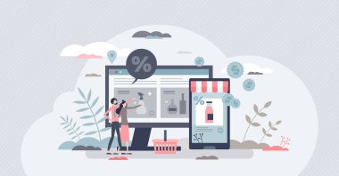 E-ticaret mağazası önü ve ürünleri küçük insan konsepti olan bir pazar yeri.