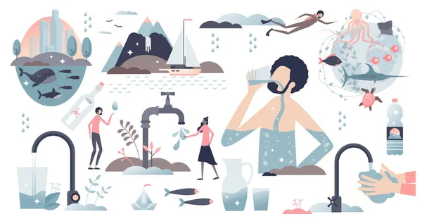 Clean water elements with pure drinking droplets tiny person collection set — 스톡 벡터
