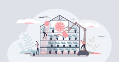 Dikey çiftçilik ve robotik otomatikleştirilmiş kapalı tarım minik insan konsepti