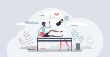 Spor hekimi yaralanma tedavisi ya da sağlık hizmetleri küçük insan konsepti