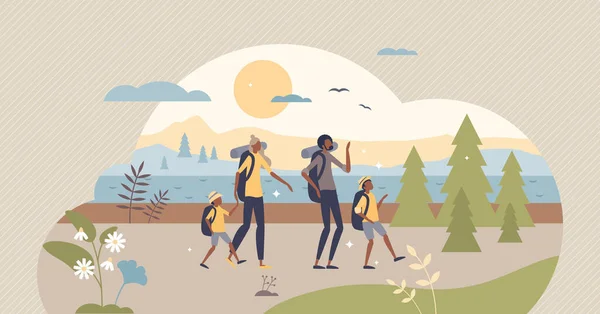 Familj backpacking resa och vandring äventyr med föräldrar liten person koncept — Stock vektor
